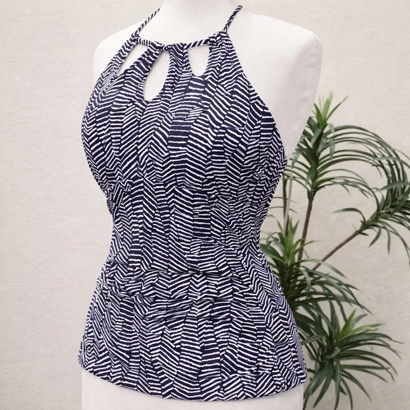 Island Escape Mikonos Beach High-Neck Halter Tankini Top Blue White Size 14 NWT - Picture 2 of 7